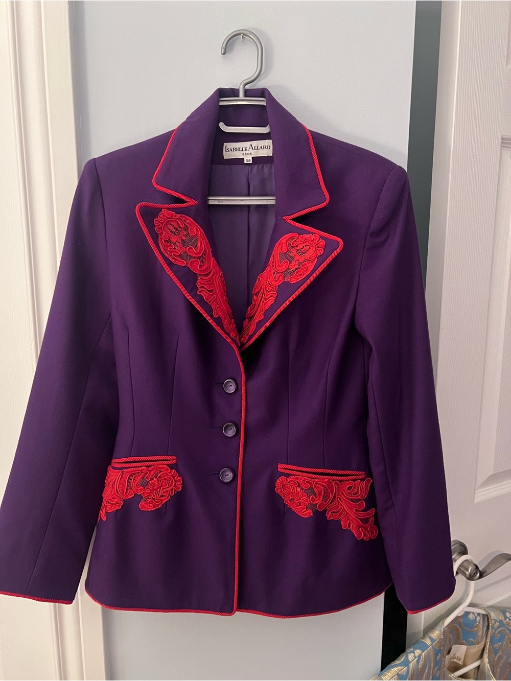 ⭐️ RARE Isabelle Allard Paris Purple Wool Blazer Red Soutache Appliqué Sz38 - Picture 2 of 5